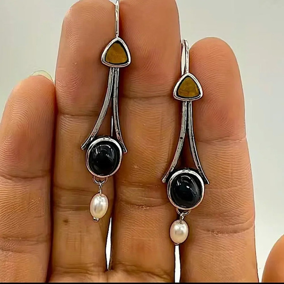 Silver Vintage Handmade Boho Geometric Stone Dangle Earrings - Picture 5 of 6